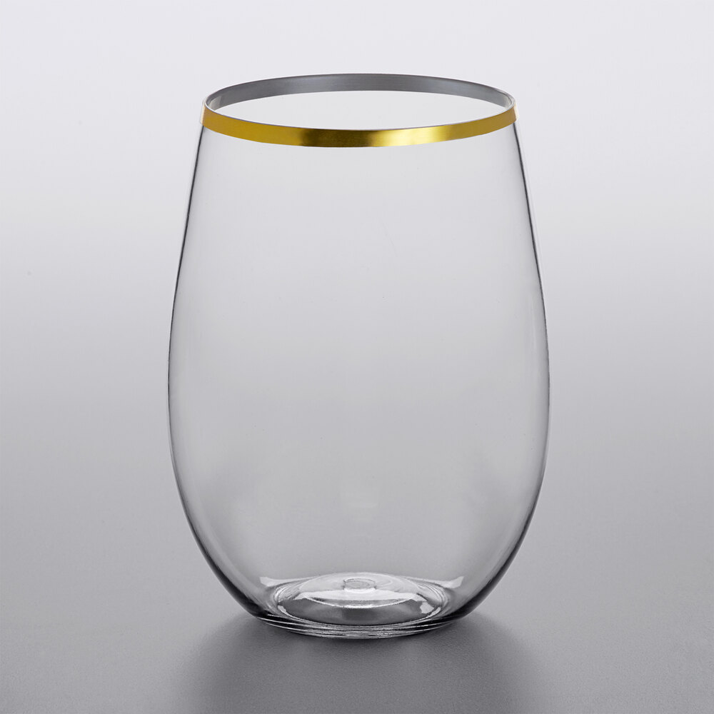 Visions 16 oz. Heavy Weight Clear Plastic Stemless Wine Glass with Gold