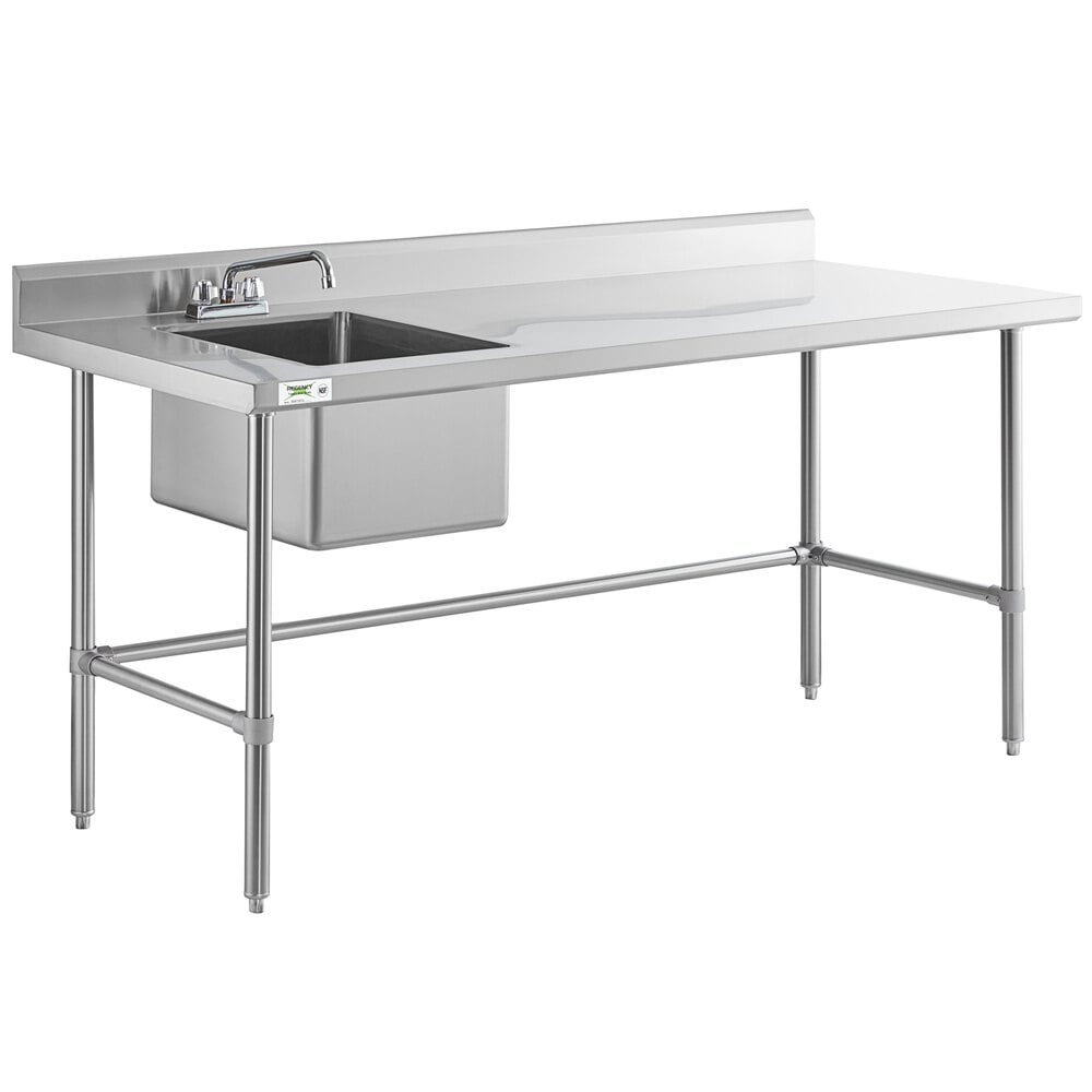 A stainless steel work table with a left-side sink, faucet, and cross bracing.