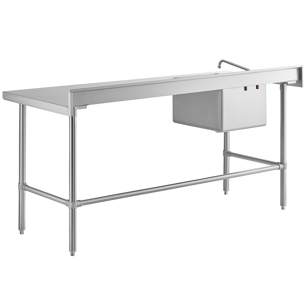 A stainless steel work table with a left-side sink, faucet, and cross bracing.