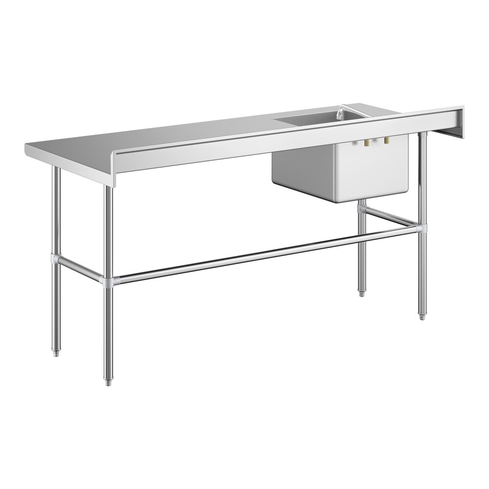 A stainless steel work table with a left-side sink, faucet, and cross bracing, supported by four legs.