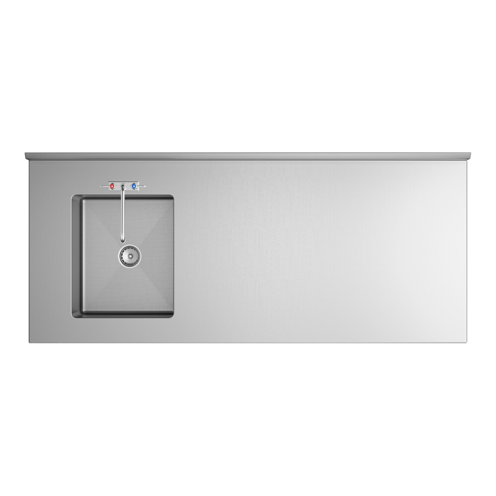A stainless steel work table with a left-side sink basin and a faucet, viewed from above.