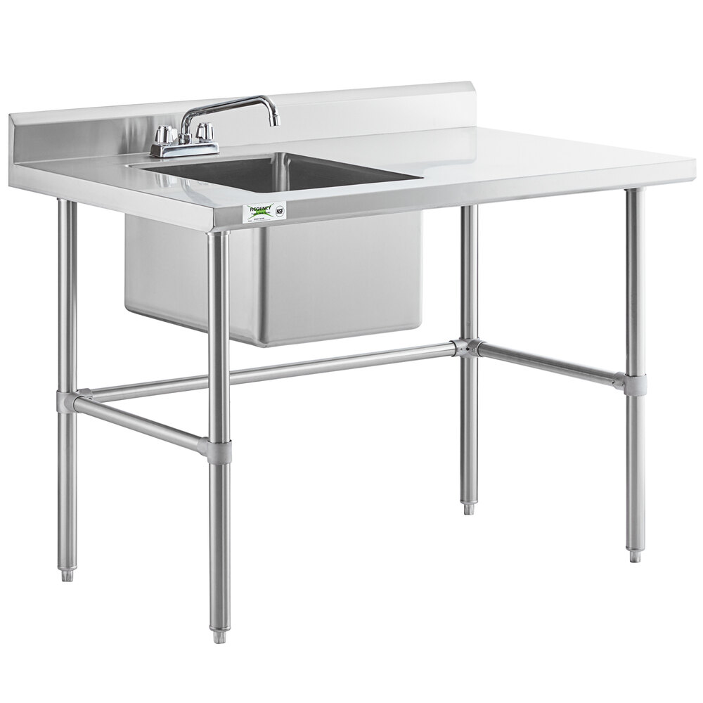 A stainless steel work table with a left-side sink, faucet, and cross bracing.