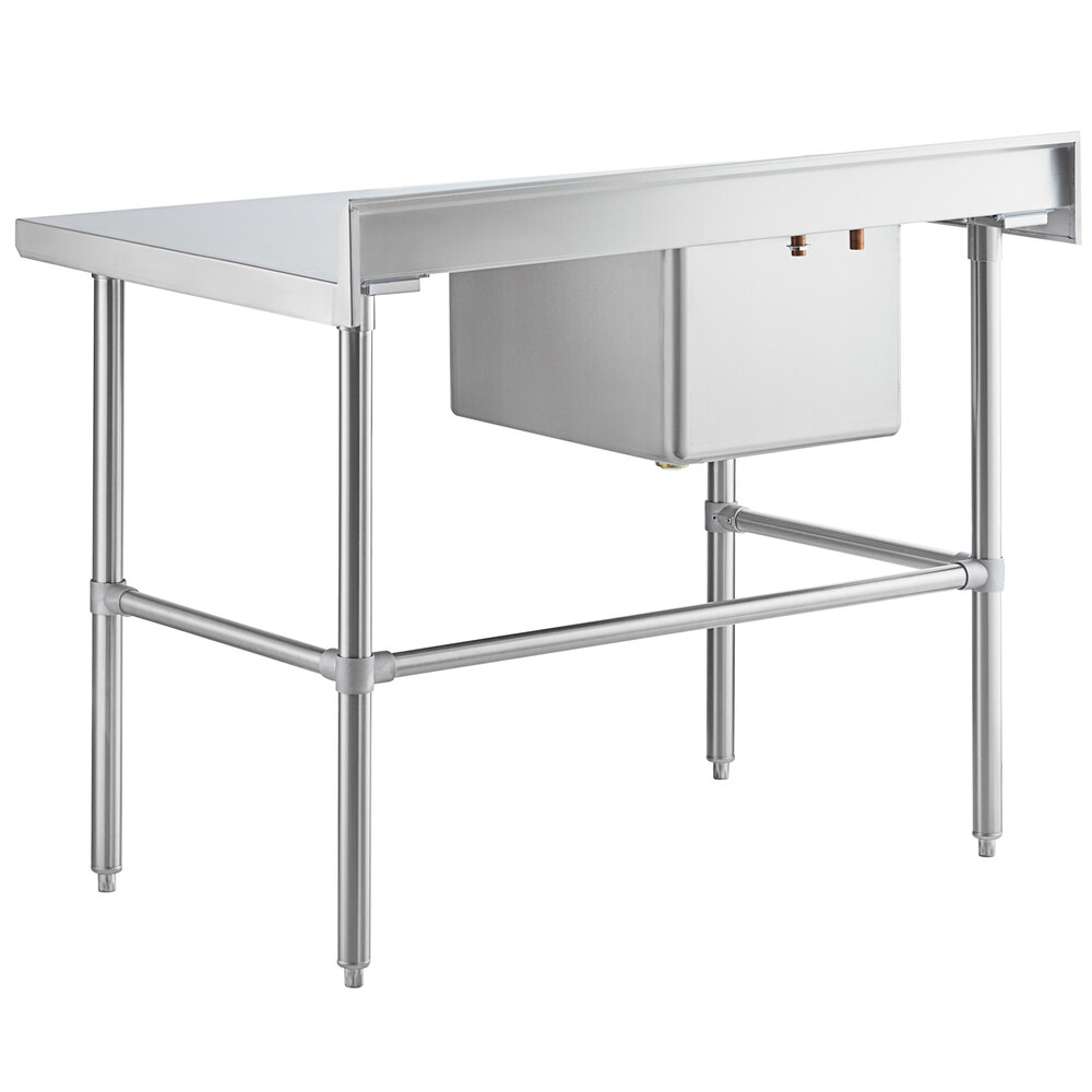 A stainless steel work table with a left-side sink, faucet, and cross bracing.