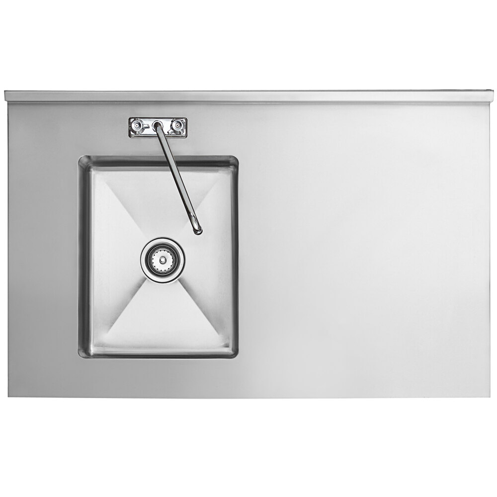 A stainless steel work table with a left-side sink, faucet, and cross bracing.