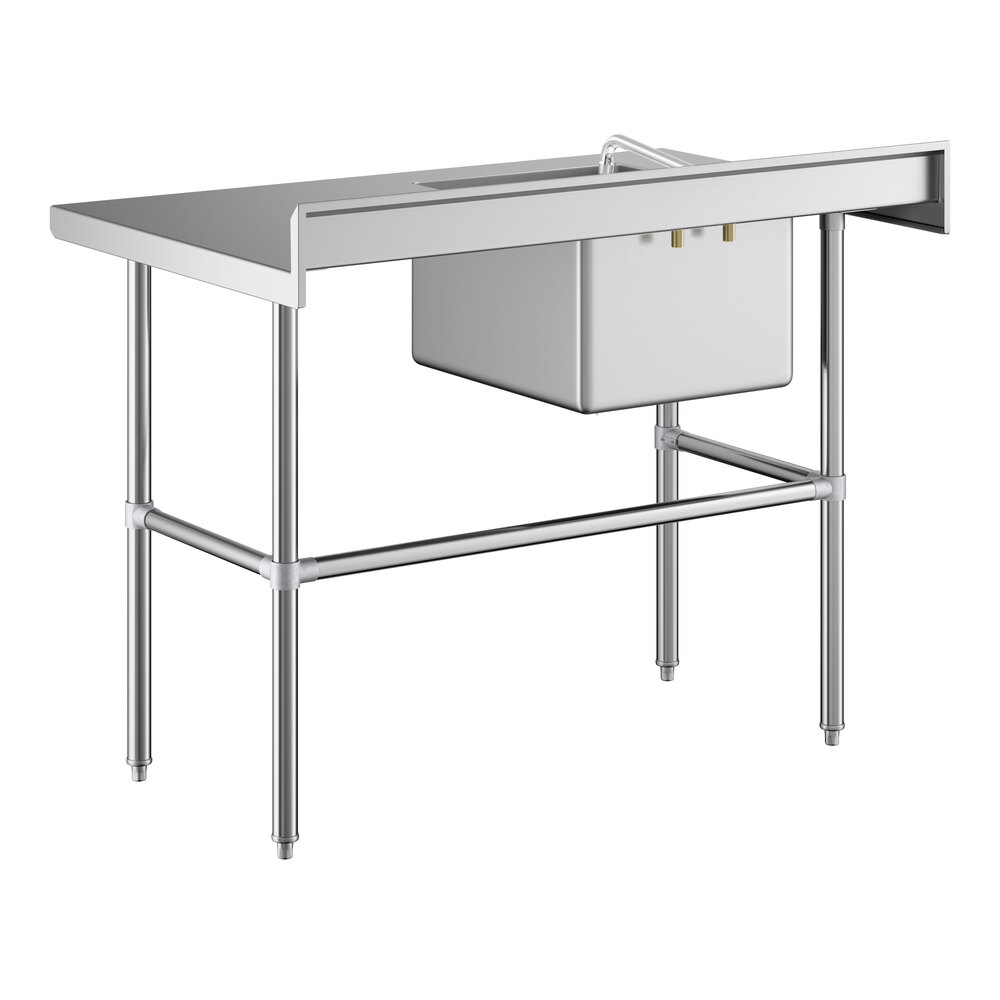 A stainless steel work table with a left-side sink, faucet, and cross-braced legs.
