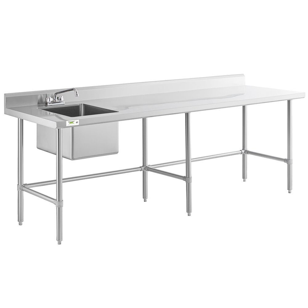 A stainless steel work table with a left-side sink, faucet, and cross bracing.