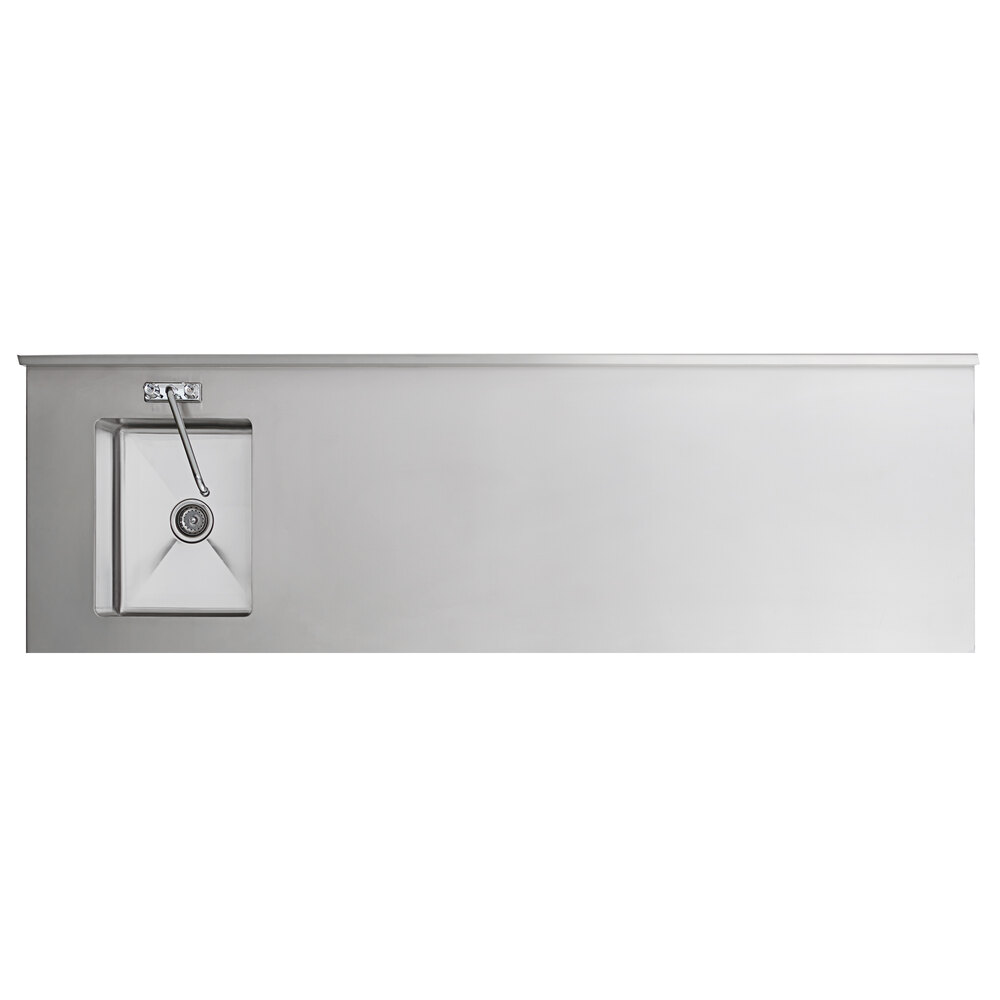 A stainless steel work table with a left-side sink, faucet, and cross bracing, measuring 30 inches by 96 inches.