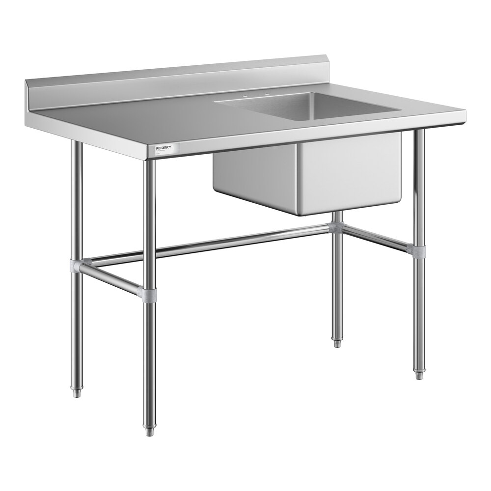A stainless steel work table with a right-side sink and cross bracing.