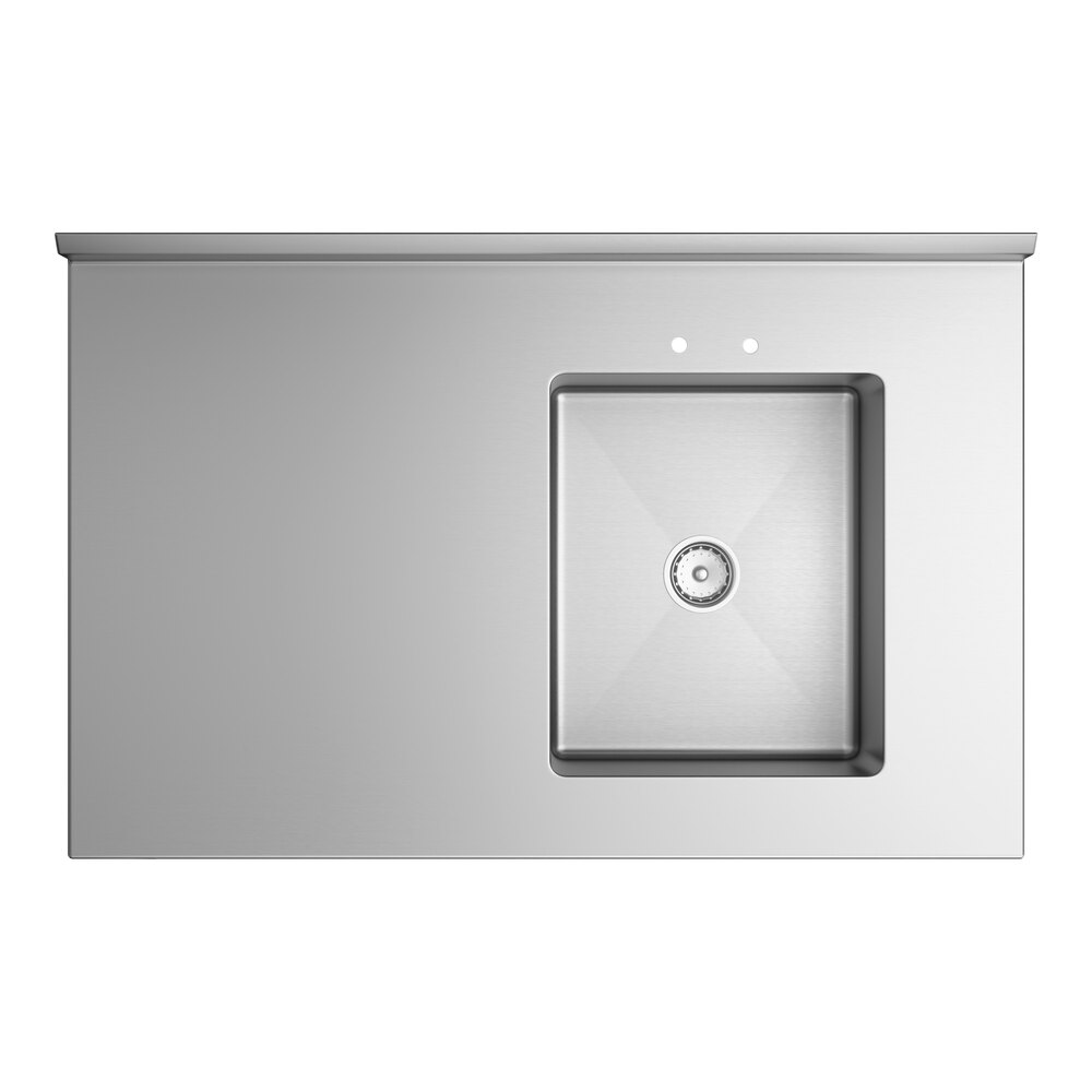 A stainless steel work table with a right-side integrated sink and cross bracing, measuring 30 inches by 48 inches.
