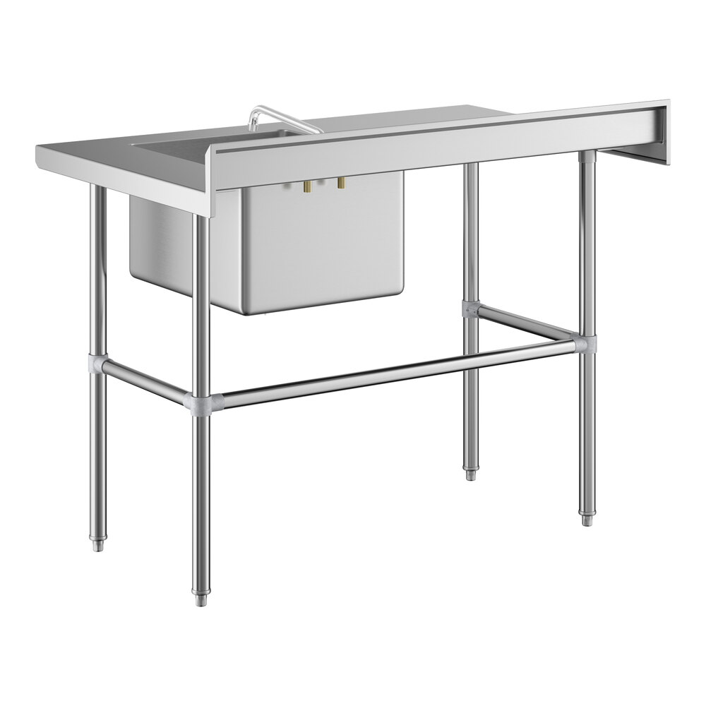 A stainless steel work table with a right-side sink, faucet, and cross-braced legs.