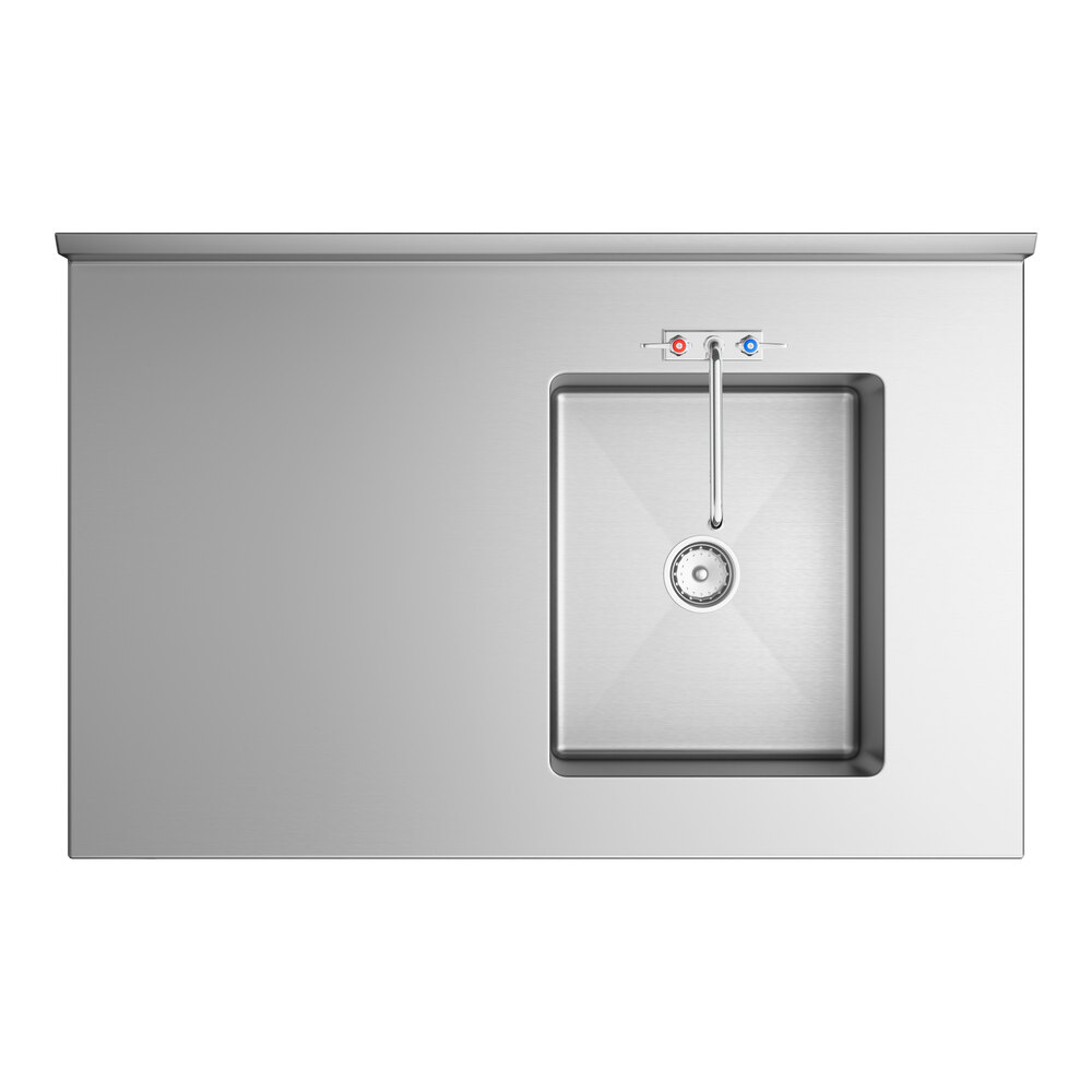 A stainless steel work table with a right-side integrated sink, faucet, and hot and cold water controls.