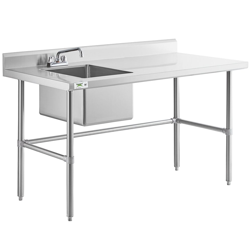 A stainless steel work table with a left-side sink, faucet, and cross bracing.