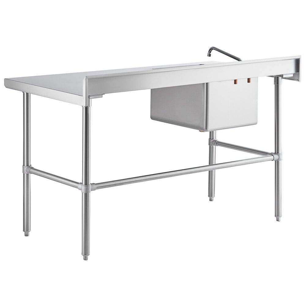 A stainless steel work table with a left-side sink, faucet, and cross bracing.