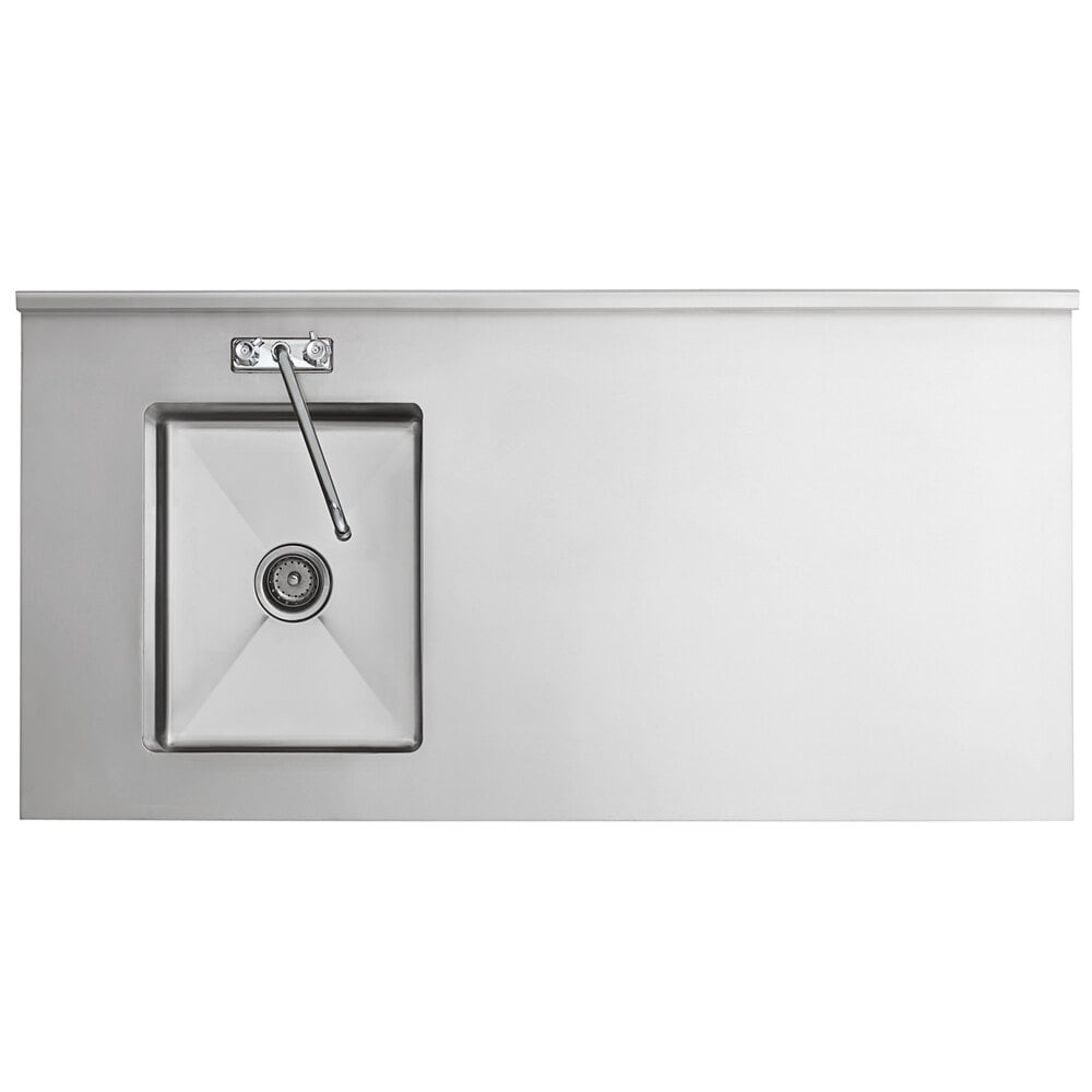 A stainless steel work table with a left-side sink, faucet, and cross bracing.