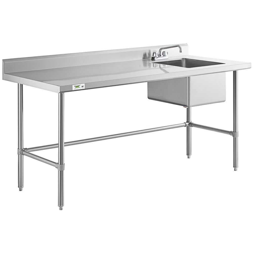 A stainless steel work table with a right-side sink, faucet, and cross bracing.