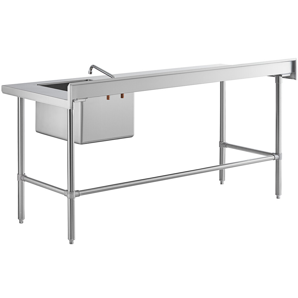 A stainless steel work table with a right-side sink, faucet, and cross bracing.