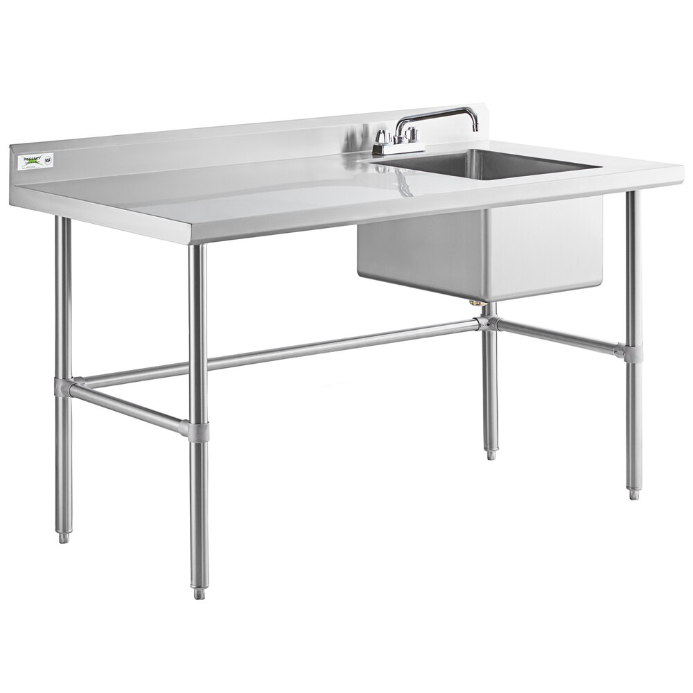 A stainless steel work table with a right-side sink, faucet, and cross bracing.