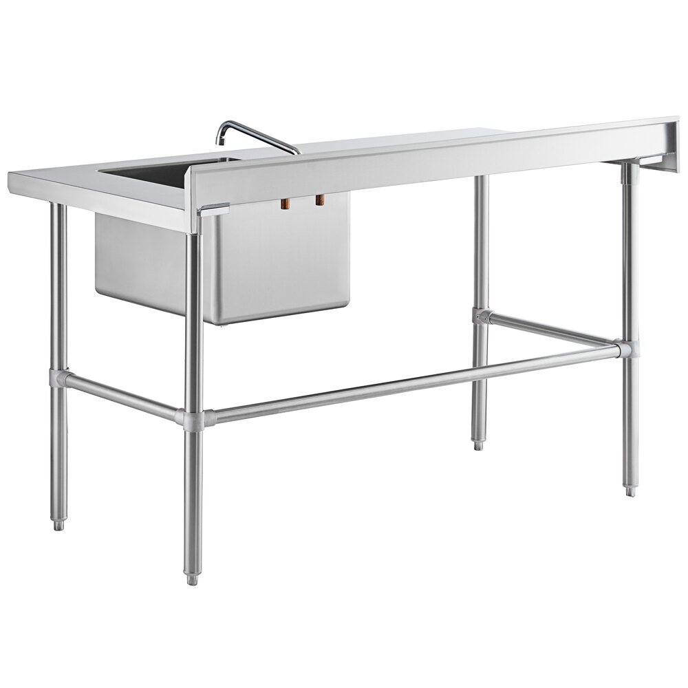 A stainless steel work table with a right-side sink, faucet, and cross bracing.