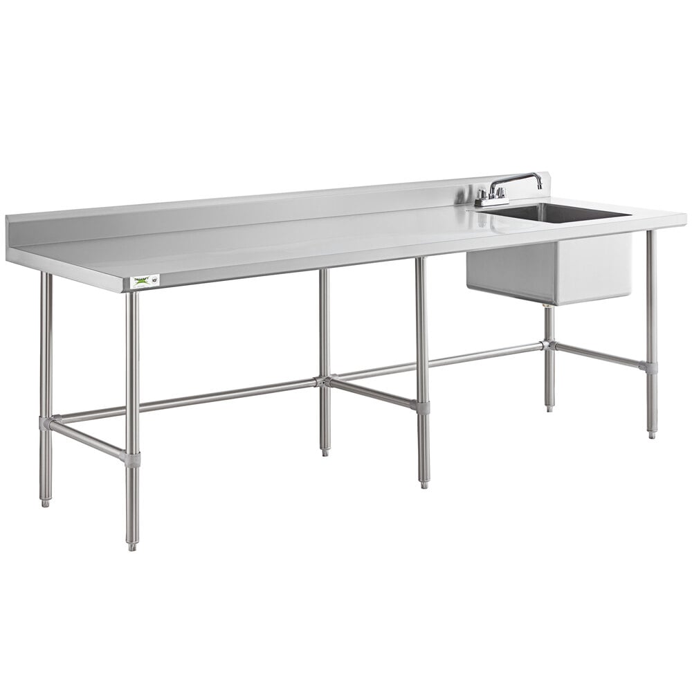 A stainless steel work table with a right-side sink, faucet, and cross bracing.