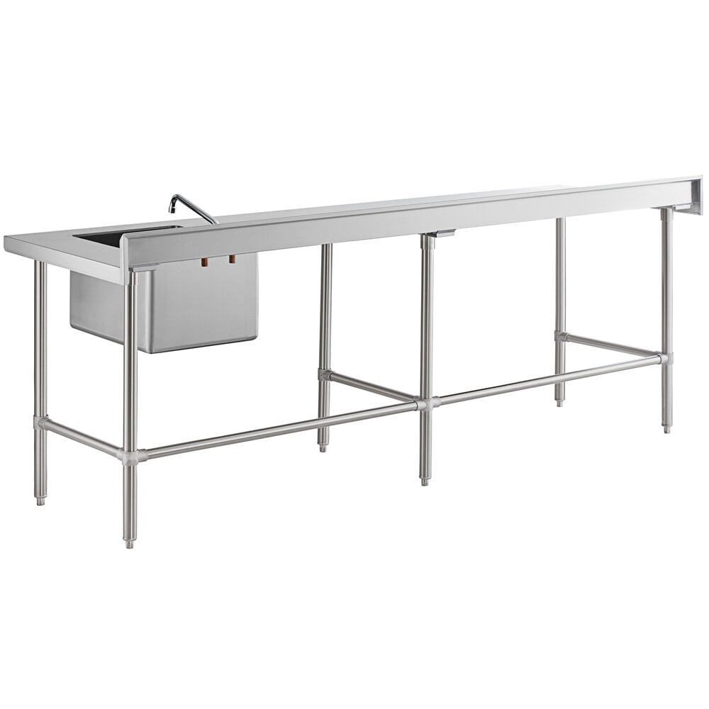 A long stainless steel work table with a right-side sink, faucet, and cross bracing.