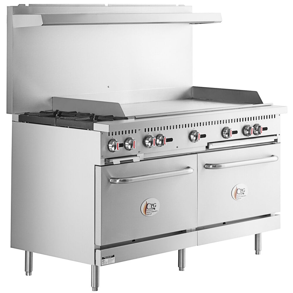 Cooking Performance Group S60-G36-N Natural Gas 4 Burner 60 Range with 36  Griddle and 2 Standard Ovens - 240,000 BTU