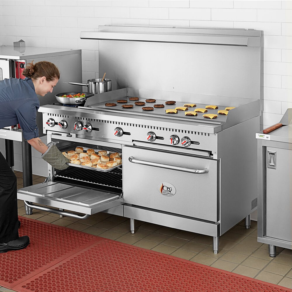 Cooking Performance Group S60-G36-N Natural Gas 4 Burner 60 Range with 36  Griddle and 2 Standard Ovens - 240,000 BTU