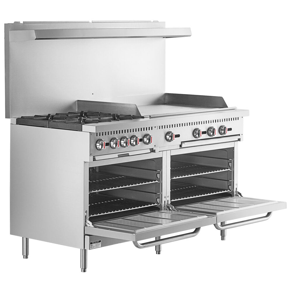 Cooking Performance Group S60-G36-N Natural Gas 4 Burner 60 Range with 36  Griddle and 2 Standard Ovens - 240,000 BTU
