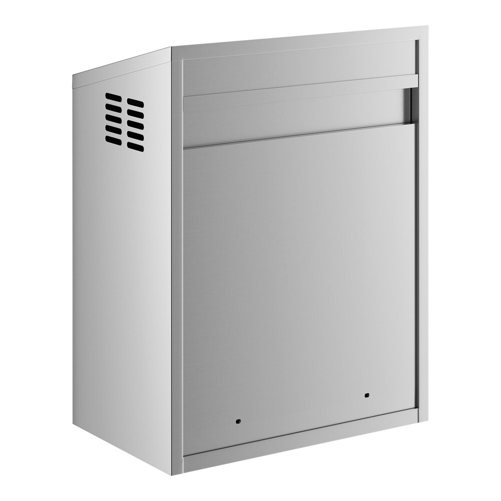 A stainless steel wall cabinet with sliding doors.