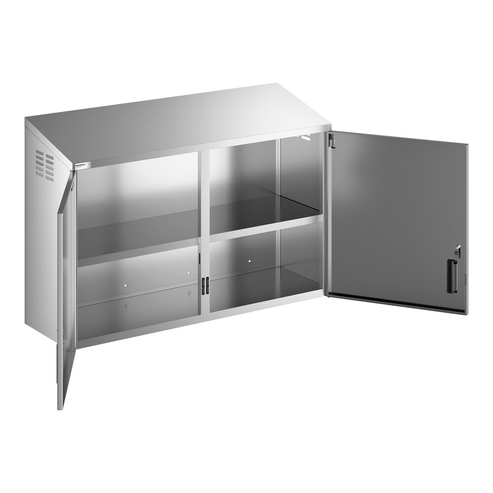 A stainless steel wall cabinet with hinged doors and an internal shelf.