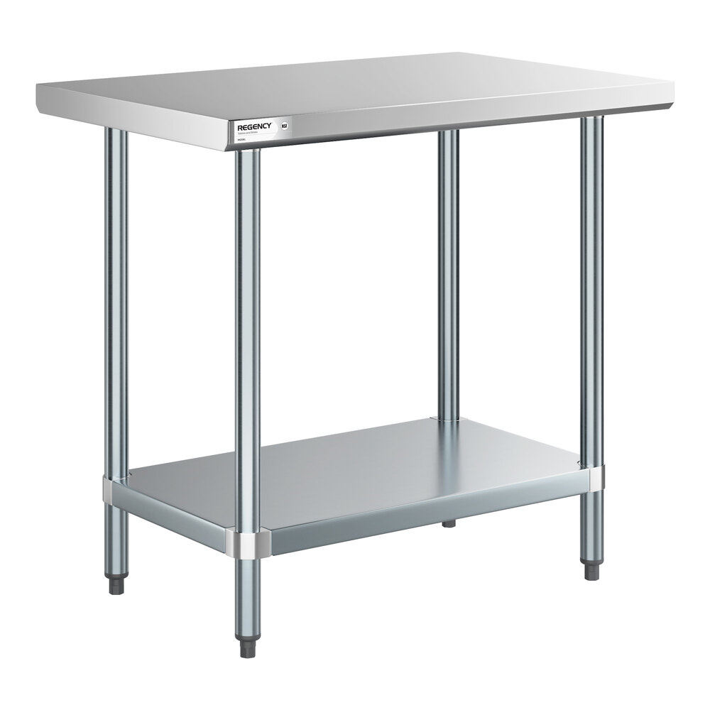 A metal work table with a flat top surface, four cylindrical legs, and a lower shelf.