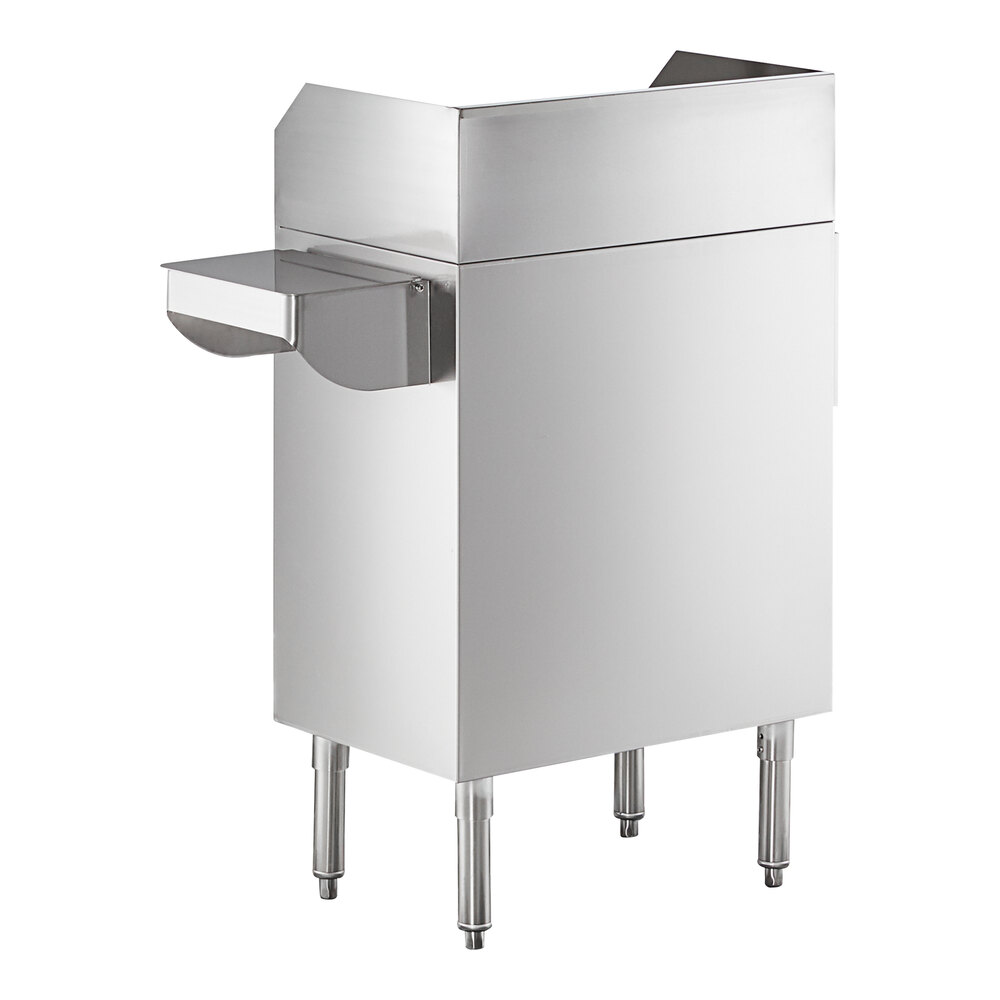 A stainless steel station with four legs, a raised back and sides, and an attached side pan holder.