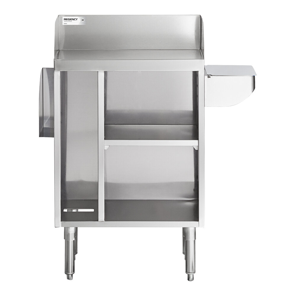 A stainless steel station with a backsplash, open shelving, a side pan holder, and sturdy legs.