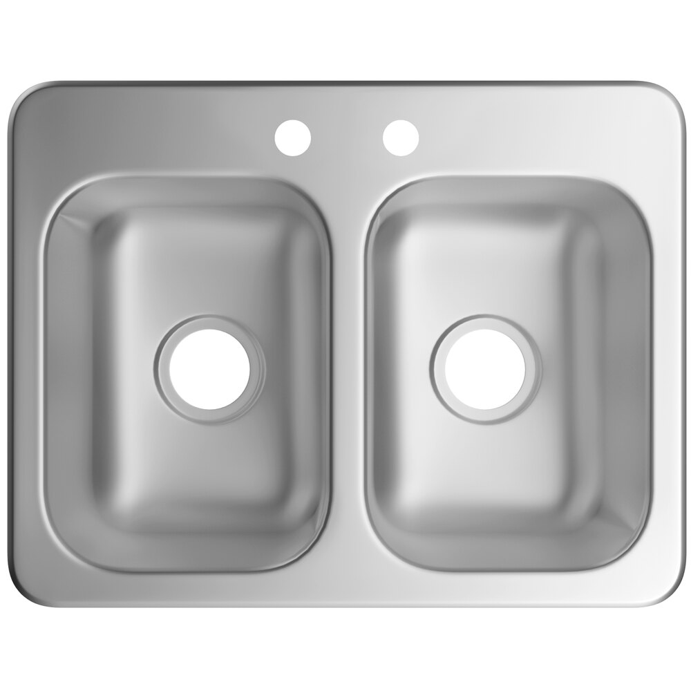 A Regency stainless steel double bowl drop-in sink with two holes.