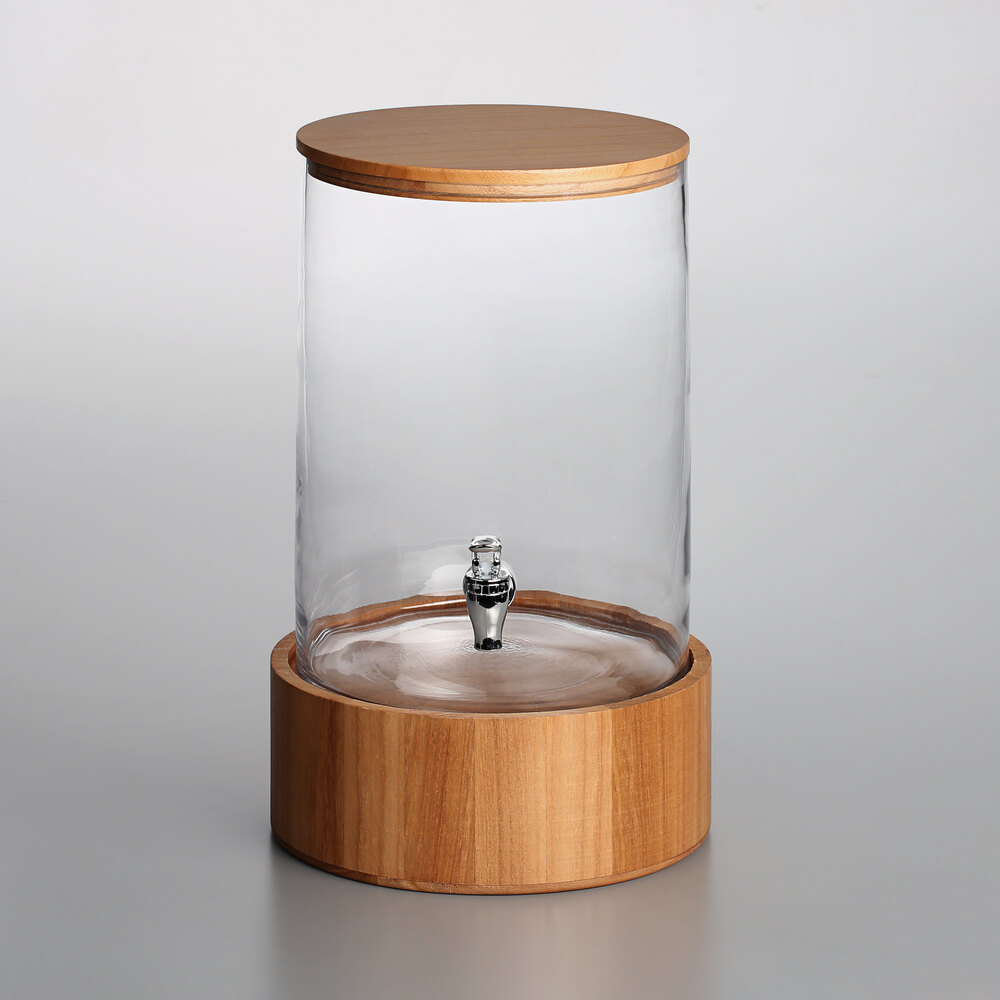 Acopa 5 Gallon Curved Glass Beverage Dispenser with Glass Lid, Spigot, and  Wood Base