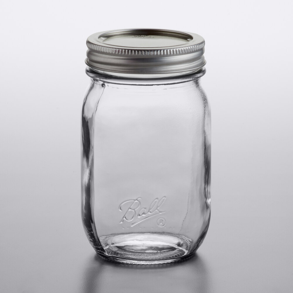 Ball 1440061501 16 oz. Pint Regular Mouth Smooth Sided Glass Canning Jar with Silver Metal Lid ...