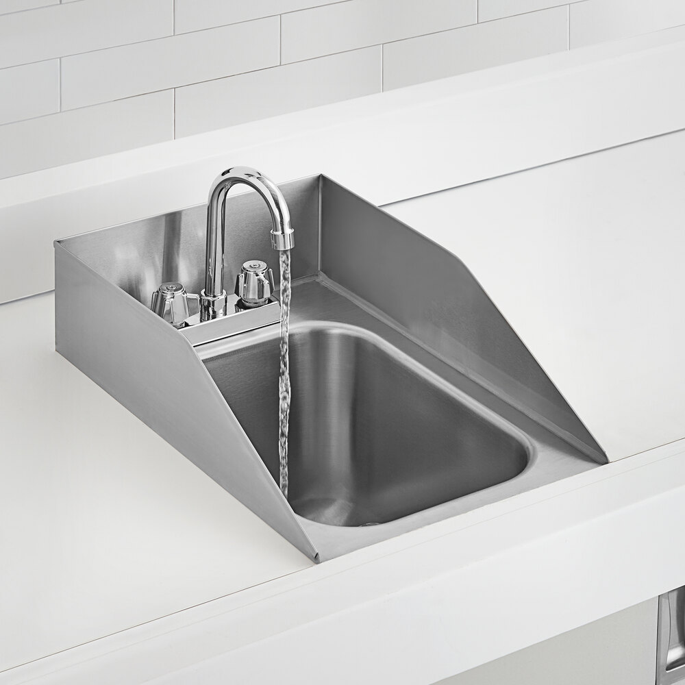 A stainless steel one-compartment drop-in sink with a gooseneck faucet and side splashes.
