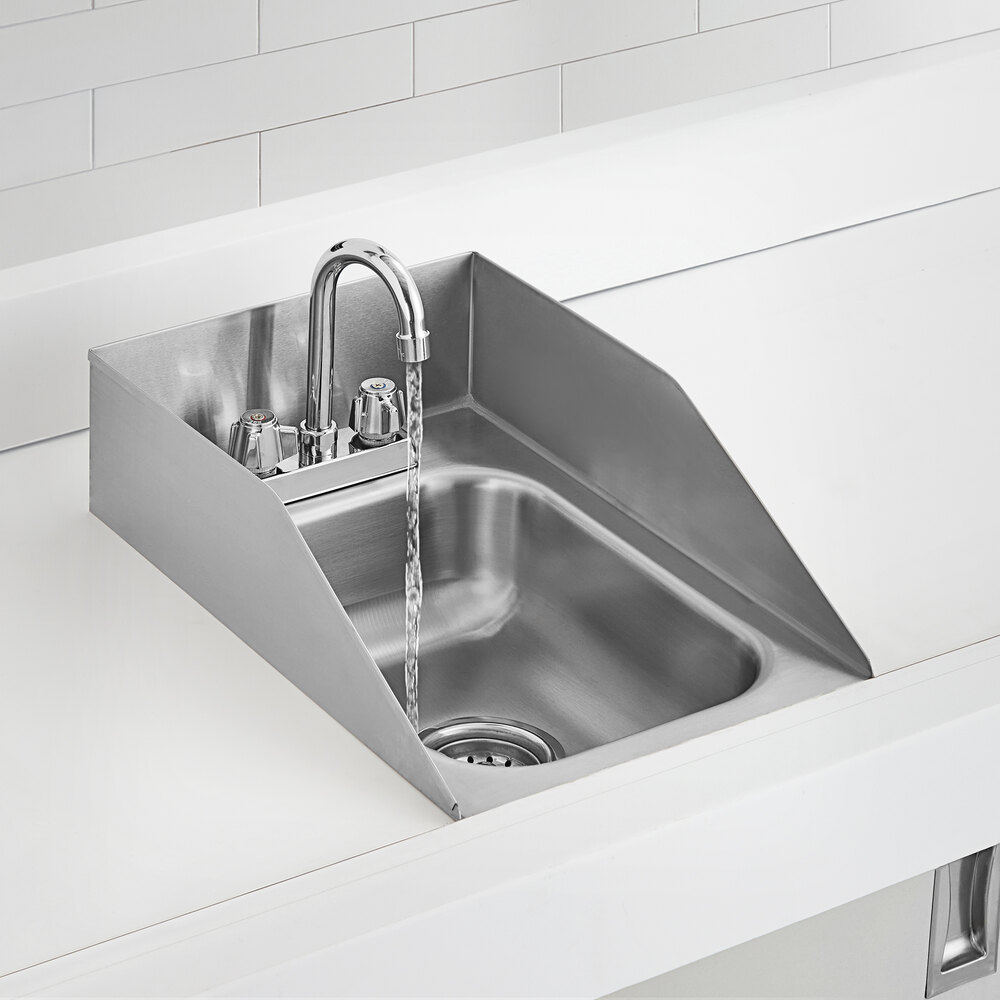 A stainless steel one compartment drop-in sink with a gooseneck faucet and side splashes.