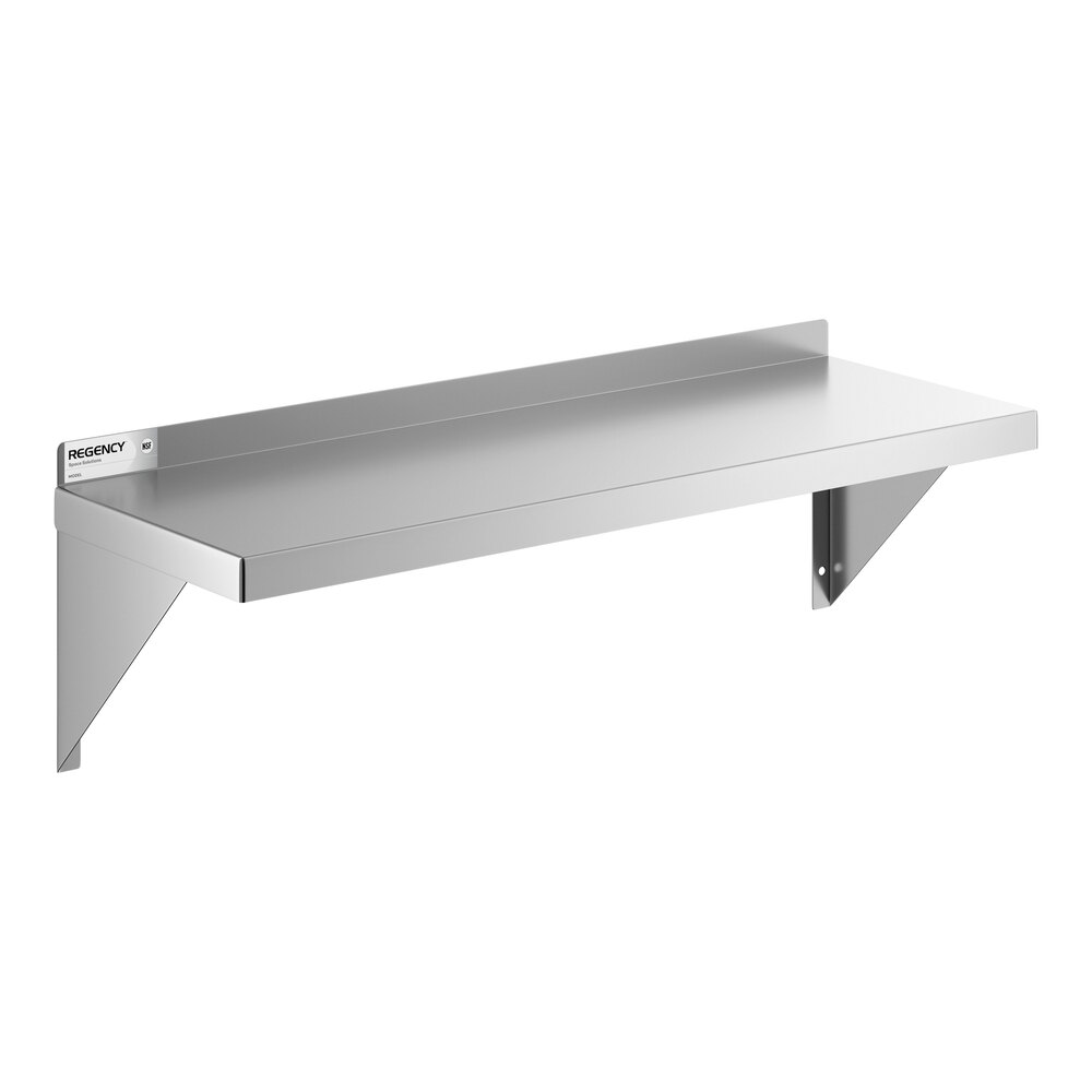 A stainless steel wall-mounted shelf with a backsplash and two support brackets.