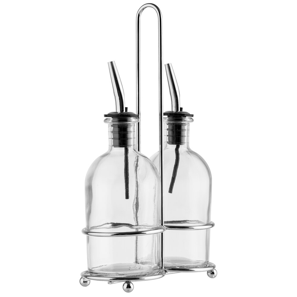 Tablecraft 10380 7.75 oz. 3 Piece Clear Glass Oil and Vinegar Cruet Set