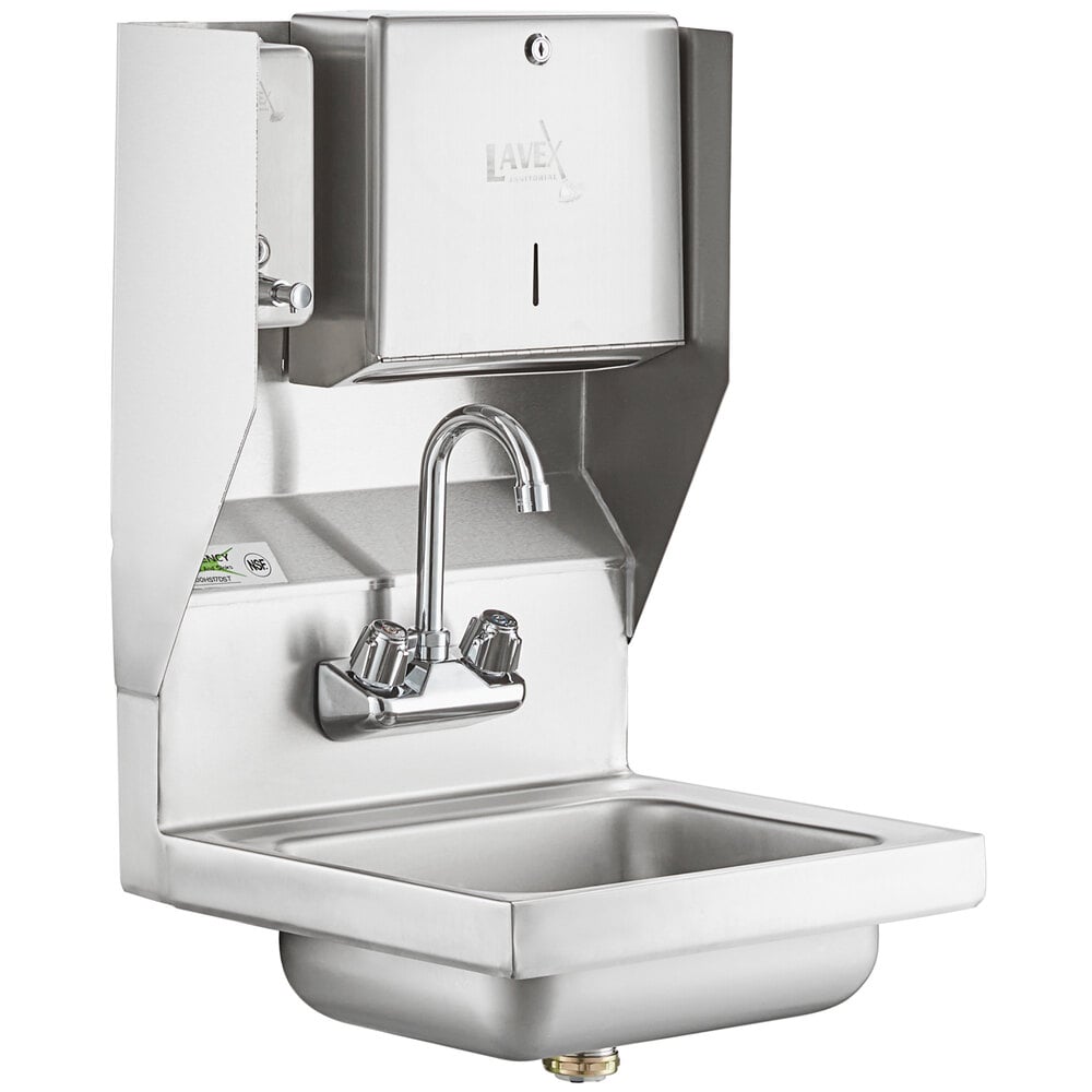 Regency 17 inch x 15 inch Wall Mounted Hand Sink with Gooseneck Faucet and Top Mounted Paper Towel and Soap Dispenser