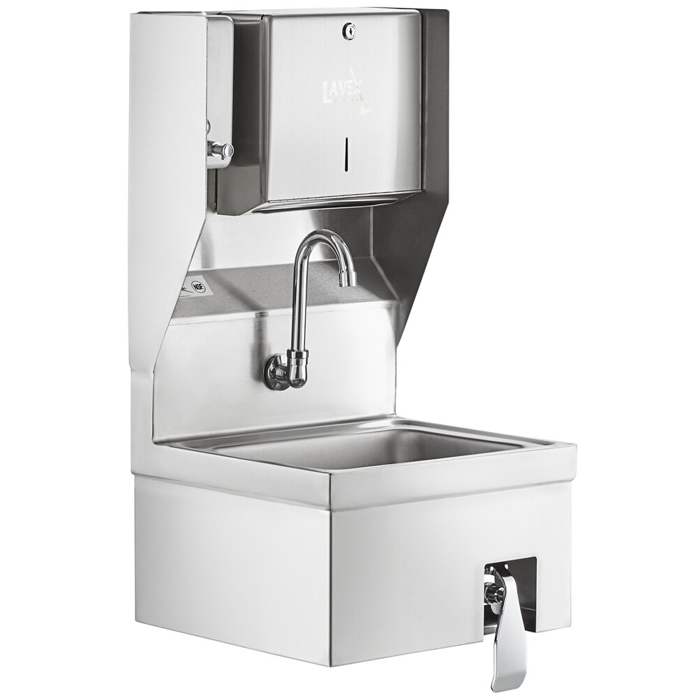Regency 17 inch x 15 inch Hands Free Hand Sink with Knee Operated Valve and Top Mounted Paper Towel and Soap Dispenser