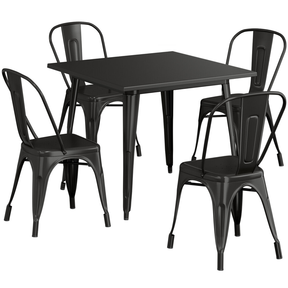 Restaurant Set of 36 Square Black Table On Heavy Duty Black Iron Cast Base  with Four X-Back Commercial-Grade Walnut Restaurant Chair -  ModernLineFurniture®