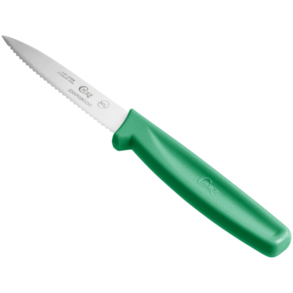 Choice 3 1/4" Serrated Edge Paring Knife with Green Handle