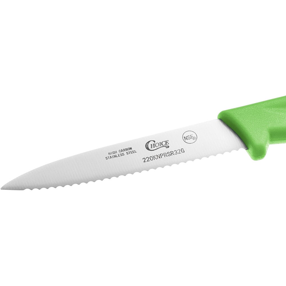 Choice 3 1/4" Serrated Edge Paring Knife with Neon Green Handle