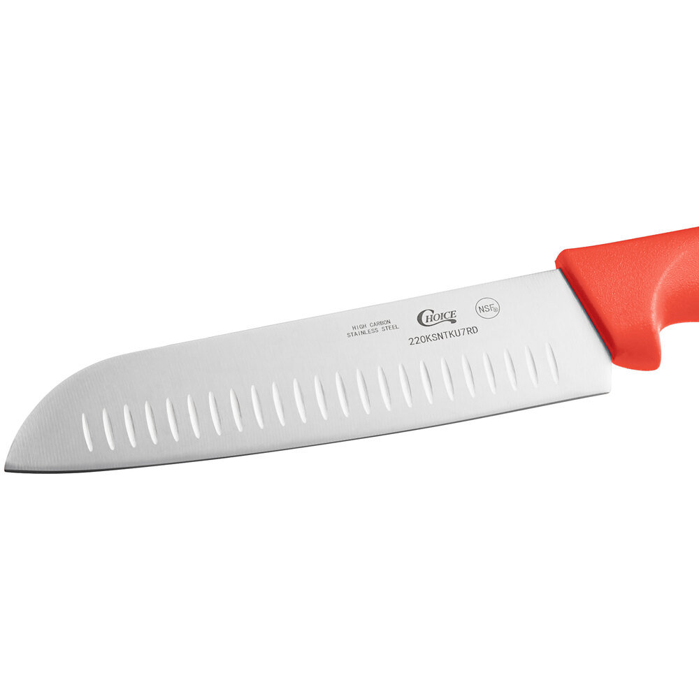 Choice 7" Santoku Knife with Granton Edge and Red Handle