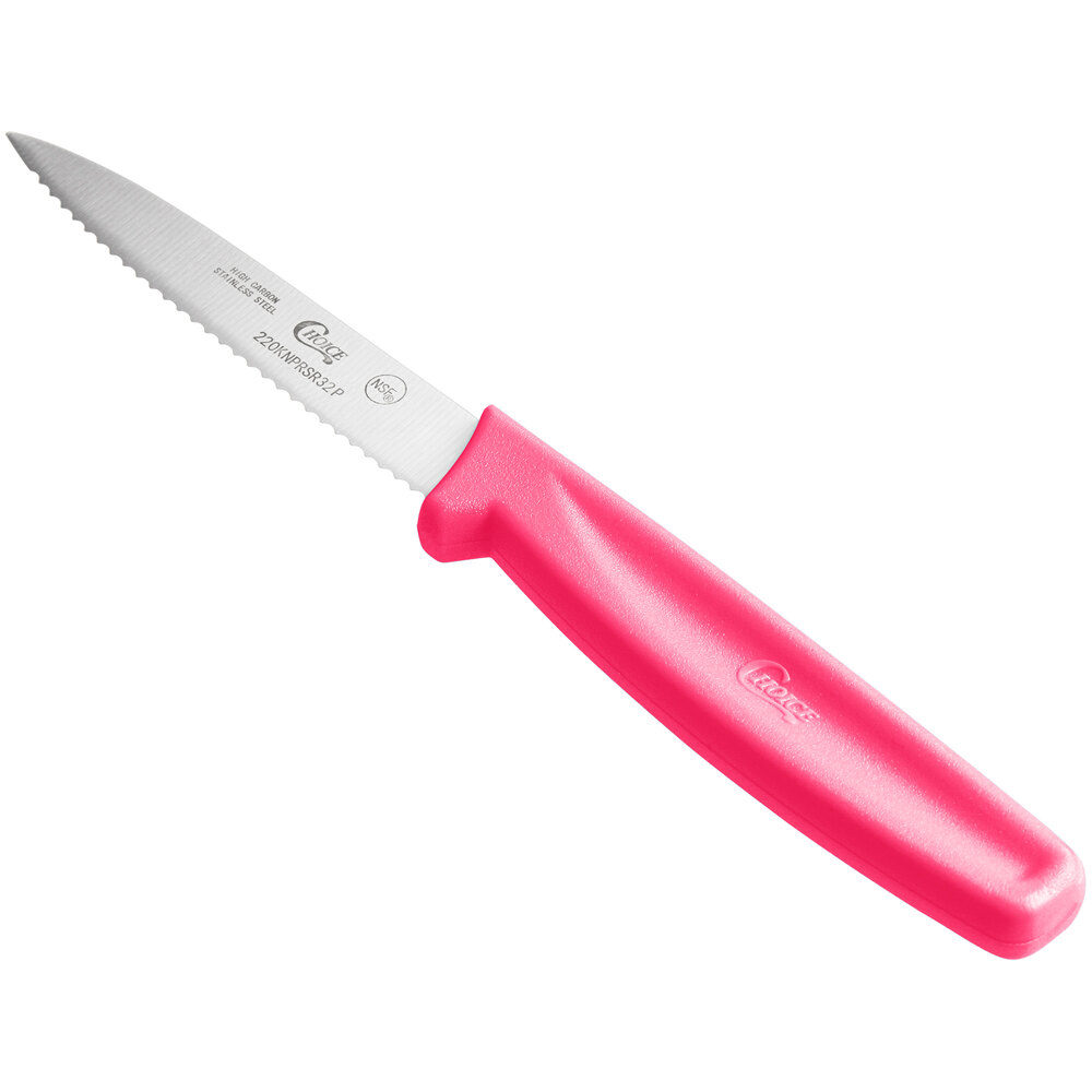 Choice 3 1/4 Serrated Edge Paring Knife with Neon Pink Handle