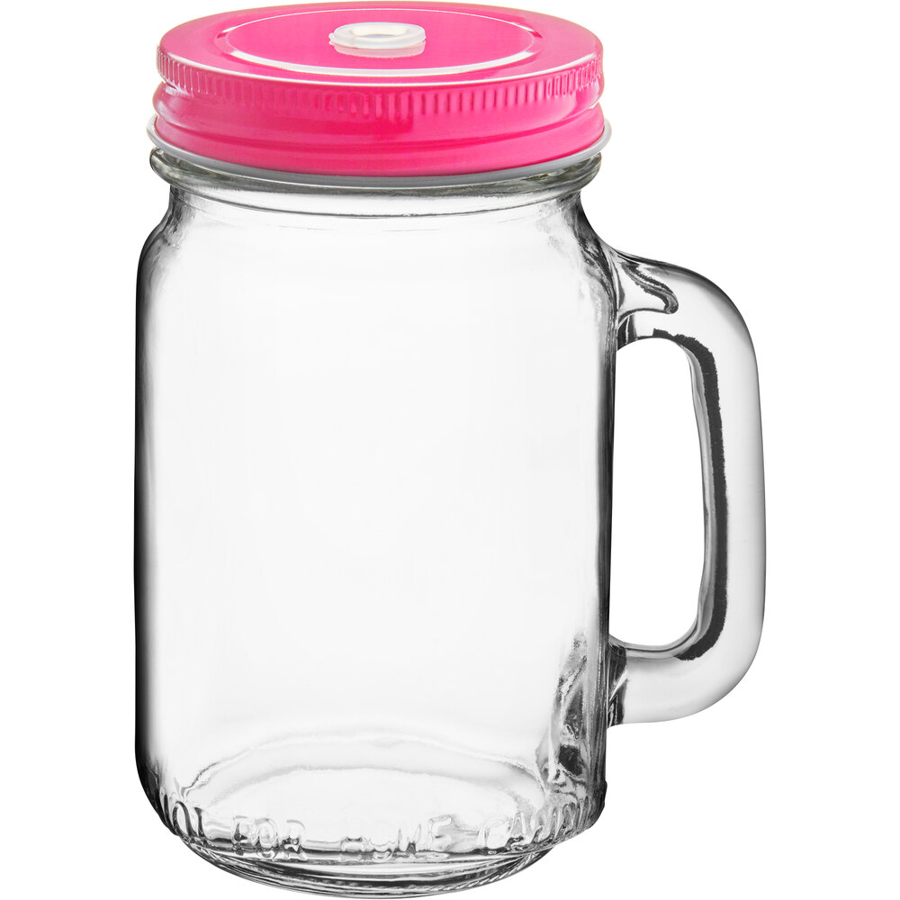 Acopa Rustic Charm 16 oz. Drinking Jar with Pink Metal Lid with Straw Hole  - 12/Case