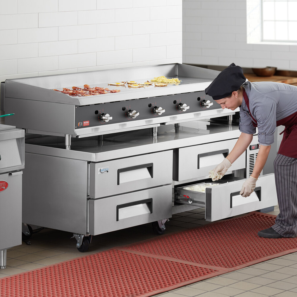 Cooking Performance Group 72GTRBNL 72 Gas Countertop Griddle with  Thermostatic Controls and 72, 4 Drawer Refrigerated