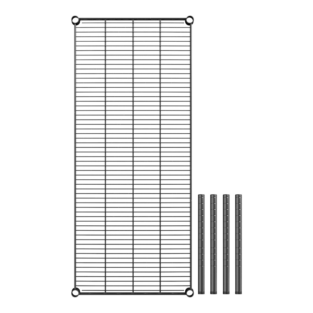 A black metal grid shelf with four metal rods.