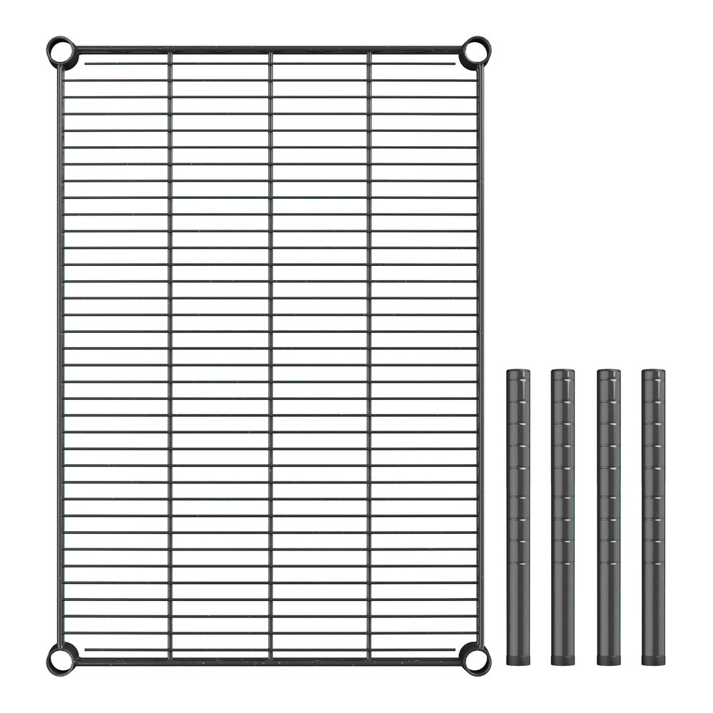 A black metal wire shelf with metal rods.